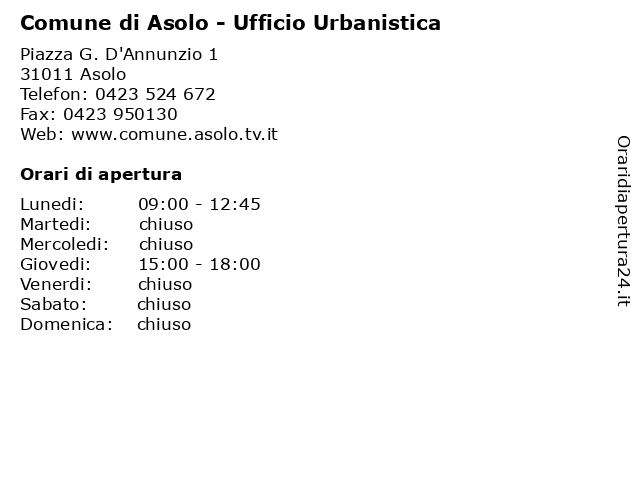 Orari di apertura Comune di Asolo Ufficio Urbanistica